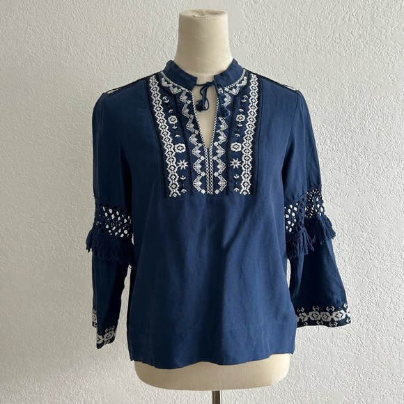 Sea New York Navy Blue Boho Embroidered Linen Silk Long Sleeve Top Size 02 - Picture 1 of 6